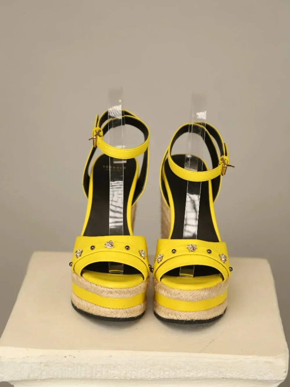 Versace Yellow Leather Espadrille Platform Wedge Sandals